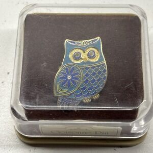 VTG HALLMARK CARDS GOLD TONE CLOISONNE ENAMEL OWL PIN BROOCH ORIGINAL BOX